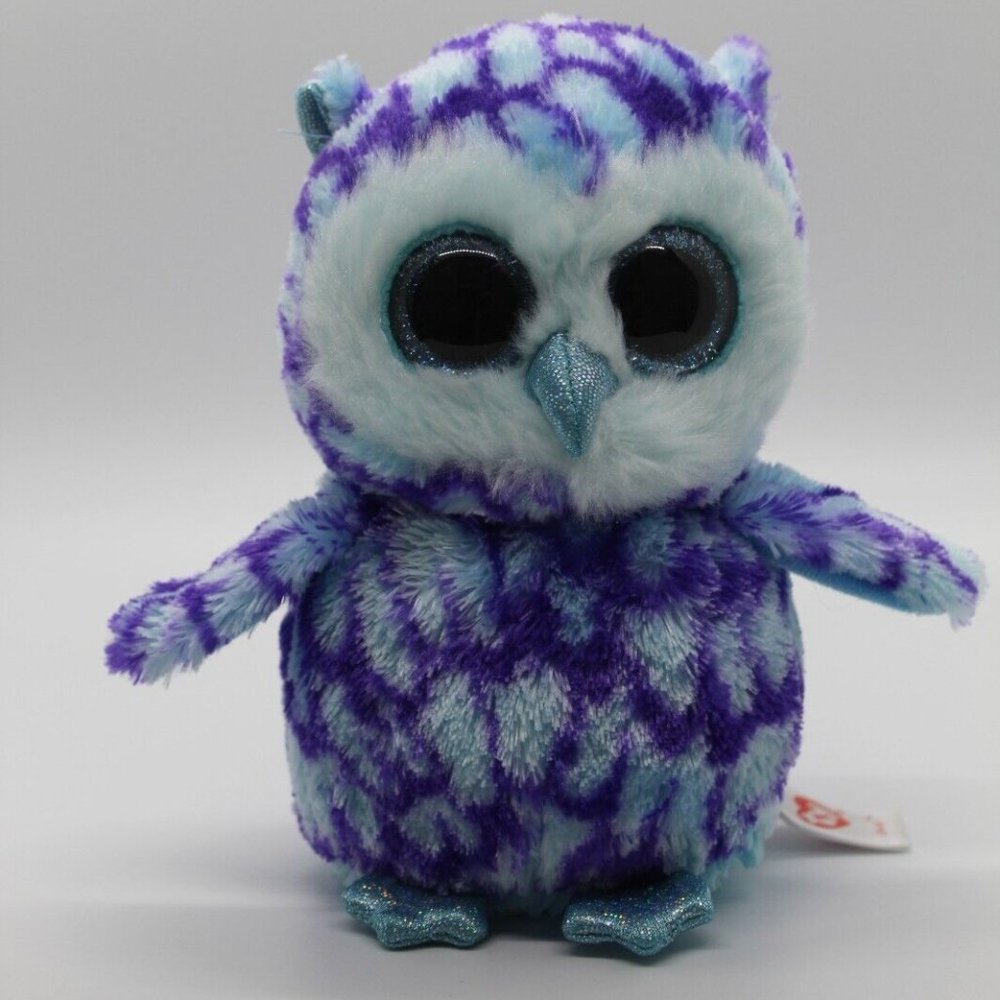 Ty Beanie Boos Plush Oscar The Owl Toy Blue Purple 6 Inch Blue Glittery Eyes EUC